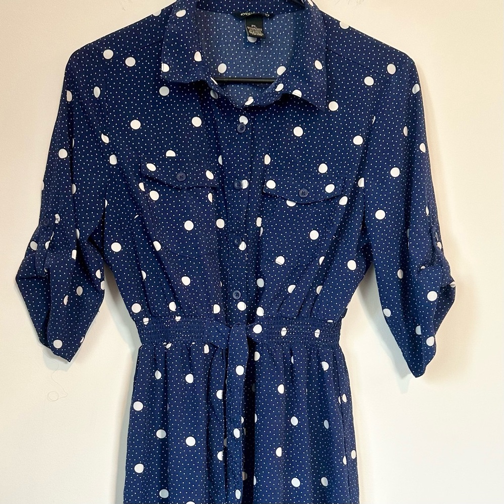 Elegant Navy Polka Dot Long Sleeve Dress - Size: Petite Large - Picture 3 of 8